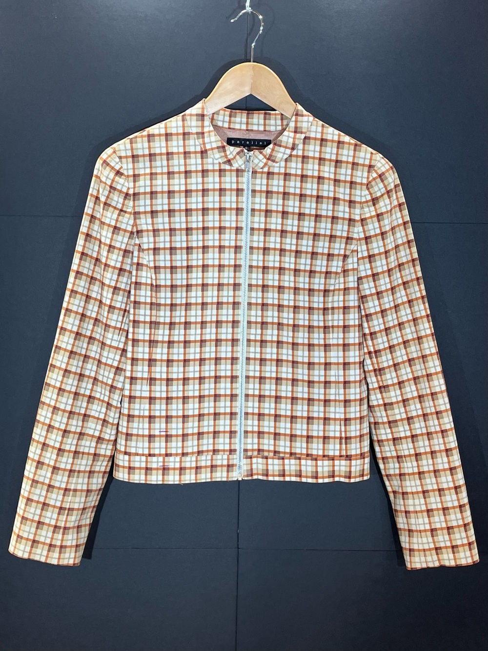 Y2K Parallel (BCBG Owned) Plaid Zip-Front Moto Jacket in White, Tan & Rust